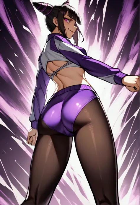 juri han,standing backwards,looking back,beautiful young fitness woman with , in a gym wearing May with black pantyhose, white and purple fitted gym jacket. standing alone,hair horns,bright purple eyes,Evil smile,legging preto aura roxa,right eyes super sh...