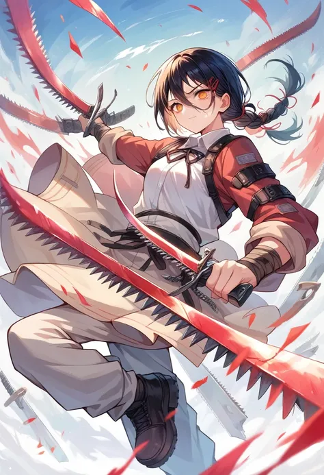 masterpiece, best quality, extremely detailed,anime, 1Girl, warrior,((wielding a chainsaw))