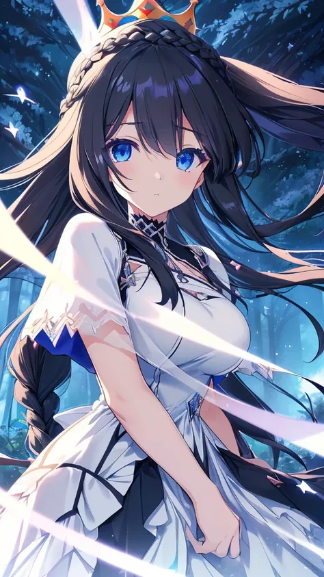 best quality, extremely detailed,anime style girl,long hair down to the waist, straight hair, ((dark black hair with bluish)),((crown braid)),beautiful detailed eyes, pinched eyes, (dark blue eyes),huge breasts,curvy,((((white main princess battle dress)))...