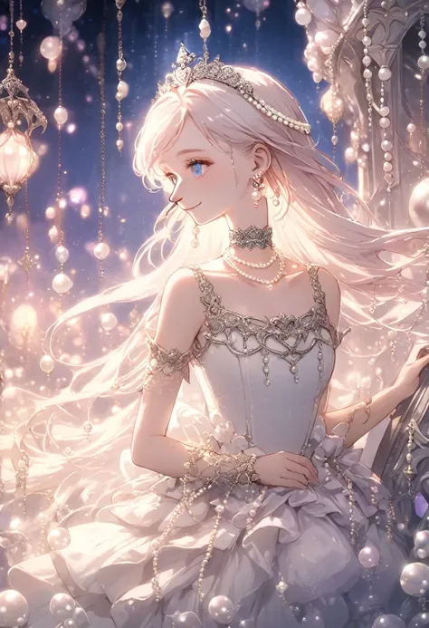 (Highest quality, masterpiece, Very detailedな, Very detailed, Exquisite, 16K,Full HD),Lilia, A girl with long pink hair, Blue eyes, a white dress with black lace, a big pink ribbon on her chest, a white flower hair ornament around her right ear.A little cl...