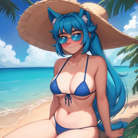 (Masterpiece) (High Detail) (High Res) A close up of A short little slim humanoid girl with pale human skin and blue eyes and long blue hair tied up in a long ponytail and blue dog ears and a fluffy blue dog tail and average breasts. She is sat on a tropic...