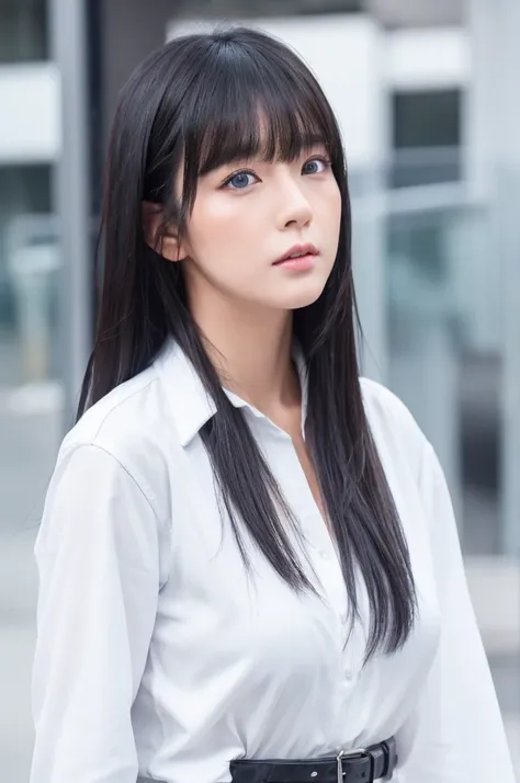 30-year-old woman,Long face,Black Hair,Asian,Long Hair,Long Bangs,Blue Eyes,White Shirt,Leather pants