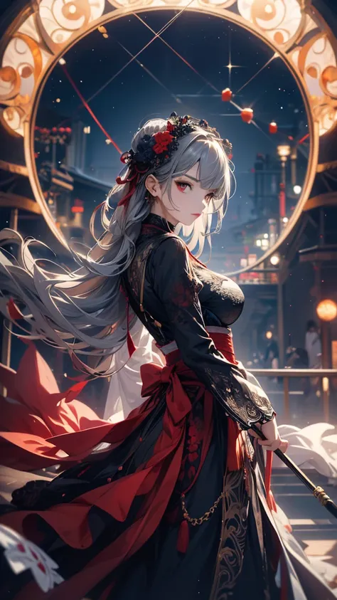 masterpiece, high quality, 4K, Beautiful design, silhouette，Gray Hair， 非常に詳細な夜のStarry Sky,Flower Field， wonderful, Finer details,  Very knowledgeable woman, Highly detailed solo, 1 female,Red eyes，Big Breasts，Blue Gothic Lolita Fashion，Night view，Starry Sk...