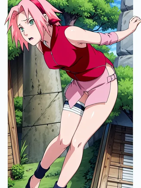 Sakura Haruno nude,wide hips,abdomen,sexy ,Show your armpits,jump,On the tree,IPST, naked,Torn shirt,blushing,sexually aroused, In the forest,open shirt,nipple,pink nipples,full body