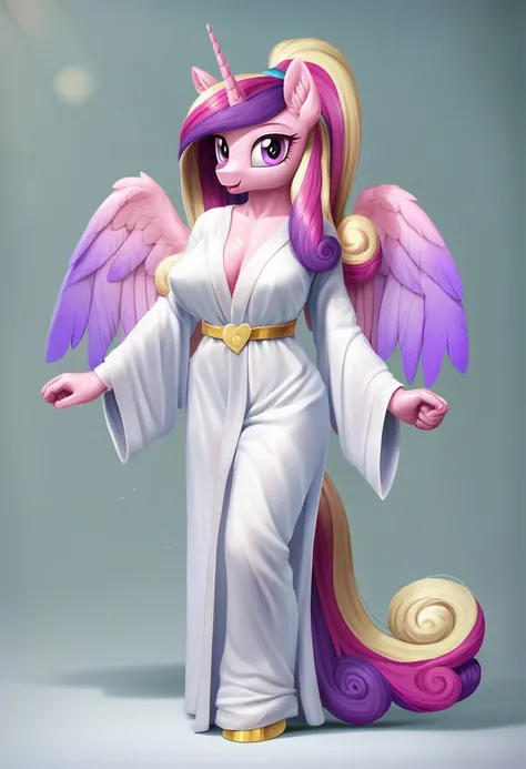 score_9, score_8_up, score_7_up, score_6_up, score_5_up, score_4_up,  by aki99, source_pony, rating_questionable, masterpiece, countershading, detailed soft lighting BREAK
anthro pony princess cadance wearing a silver bath robe, long hair, joyful, oiled, s...