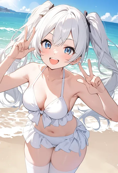 On the beach, wearing white bikini, wearing white stocking, peace pose, white hair, twin tail hair, medium breast, sincere smile