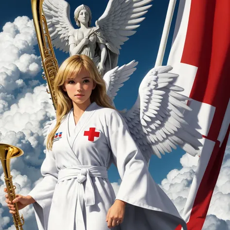 Above the Clouds　Archangel　White robes　trumpet　Red Cross Flag　blonde