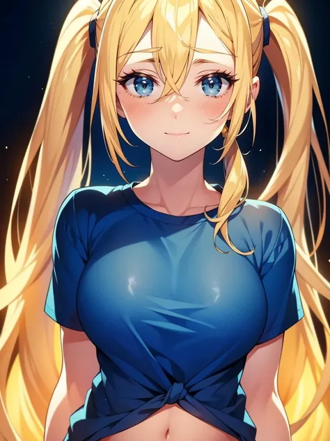 1girl, solo, portrait of a woman with blonde hair, long flowing pigtails, wearing a blue shirt, wearing a t-shirt, shirt tied in a shirt knot, exposed navel, anime illustration, anime girls, vivid colors, detailed facial features, dramatic lighting, digita...