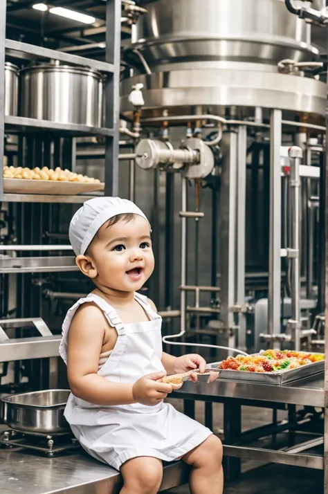 Baby working in food factory