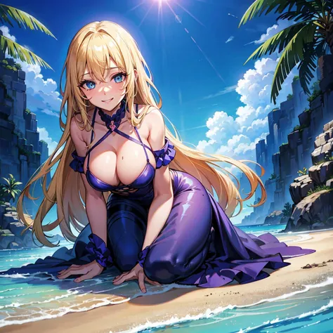 1 , breasts big, gazing at viewer, high resolution, blue colored eyes, laughter, hair blonde, very long hair, slickedback hair, Hair over the shoulder, loose hair, blushful, laughter, make-up, slightly-smile, Excited face, ass pov, anime styling, dressed i...