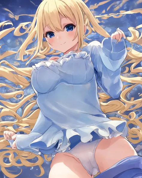 1girl, Solo, High Resolution, Long Hair, Breasts, Looking at viewer, Blush, Smile, Bangs, Blue eyes, Blonde Hair, blue pajama shirt, white panties, camel toe.