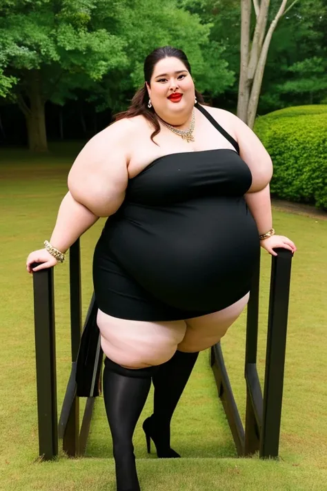 masterpiece, best quality, live action photo, 140kg extremely obese woman, large stomach, H-type miniskirt, high heel, necklace, earring, bracelet