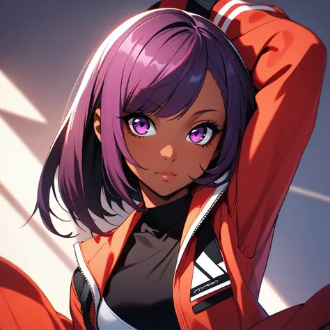 anime girl with purple hair and a red jacket, dark skinned, posing, a character portrait by Ilya Kuvshinov, pixiv contest winner, shin hanga, Yoruichi