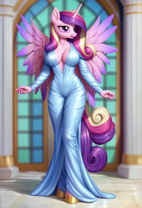 score_9, score_8_up, score_7_up, score_6_up, score_5_up, score_4_up,  by aki99, source_pony, rating_questionable, masterpiece, countershading, detailed soft lighting BREAK
anthro pony princess cadance wearing a silver bath robe, long hair, joyful, oiled, s...