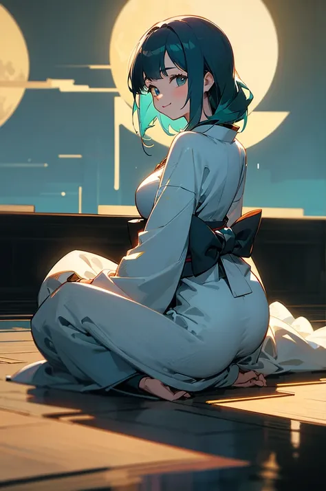 masterpiece, best quality, ultra detailed, outside, sea, a girl, samurai, a kitty, happy, smiling, sitting on the floor, looking away,medium hair, curly, aqua hair, odd eyes, droopy eyes, pale skin, , beautiful breasts, indigo color kimono, with a perfect ...