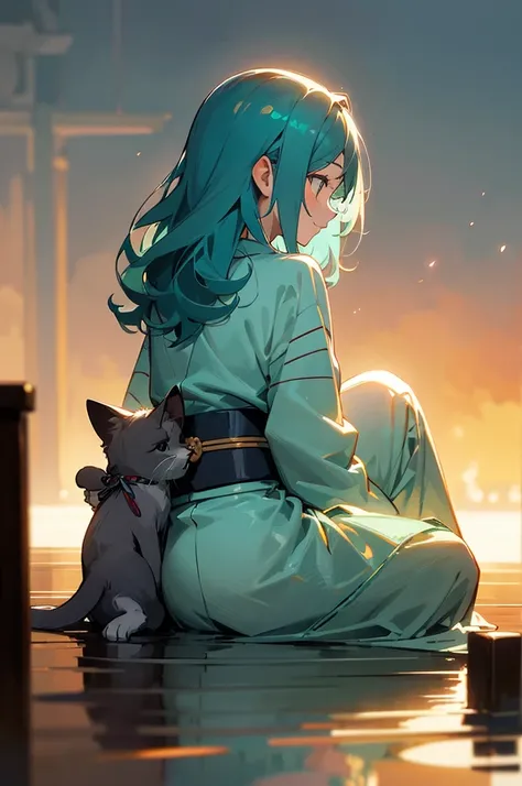 masterpiece, best quality, ultra detailed, outside, sea, a girl, samurai, a kitty, happy, smiling, sitting on the floor, looking away,medium hair, curly, aqua hair, odd eyes, droopy eyes, pale skin, , beautiful breasts, indigo color kimono, with a perfect ...