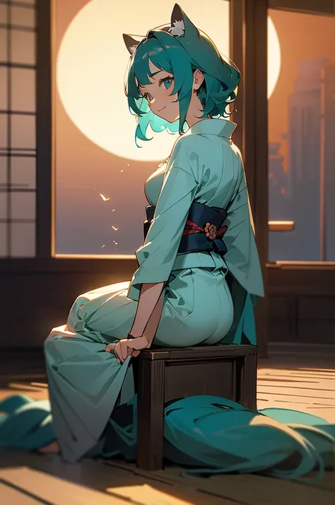 masterpiece, best quality, ultra detailed, outside, sea, a girl, samurai, a kitty, happy, smiling, sitting on the floor, looking away,medium hair, curly, aqua hair, odd eyes, droopy eyes, pale skin, , beautiful breasts, indigo color kimono, with a perfect ...