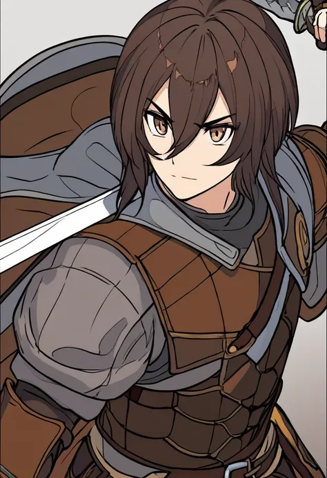 A square face that looks strong and clear. His eyes are grey.
His eyebrows were nicely thick and neatly lined.
Calebs hair is dark brown and short.
Strong and muscular body
He is about 185 centimeters tall and has broad shoulders.
Wears brown leather armor...