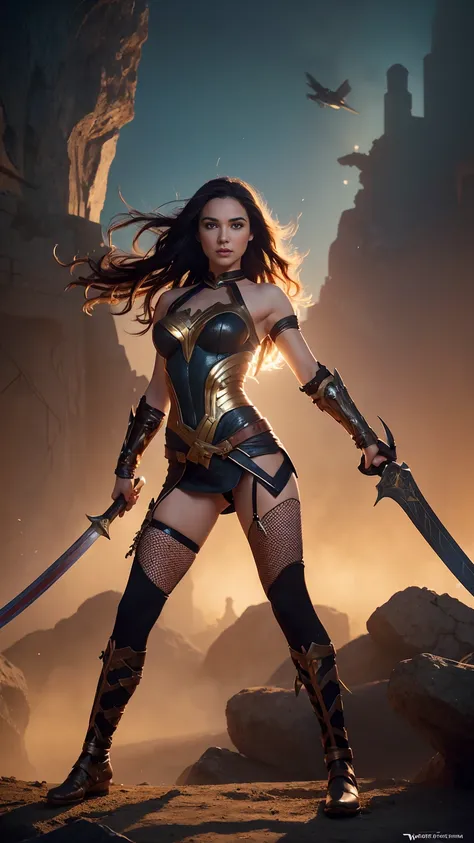 ((Full body photo, standing, feet on the ground)) a woman dressed as a warrior holding a sword, sexy painting of gal gadot, fishnet tights,, tyler edlin fantasy art, fantasy woman, gal gadot as hell lord, zenescope, a very beautiful berserker woman, magali...