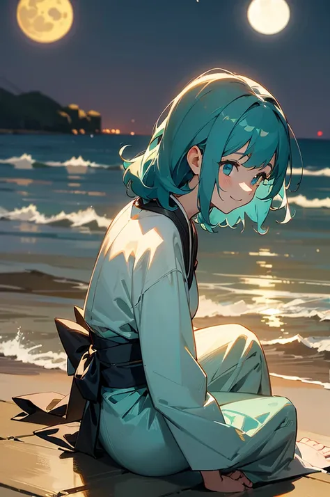 masterpiece, best quality, ultra detailed, outside, rocky beach in the sea, a girl, samurai, a kitty, happy, smiling, sitting on the floor, looking away,medium hair, curly, aqua hair, odd eyes, droopy eyes, pale skin, , beautiful breasts, indigo color kimo...