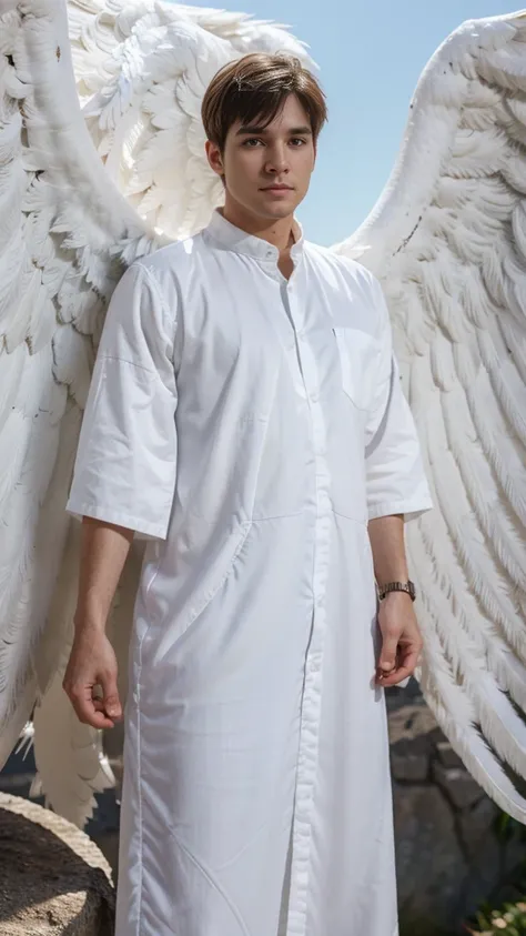 an adult male angel, white clothes, with a hundred extrawings, his size is tall than a mountain,ultra definition, best quality, 32k ultra, ultra HD.