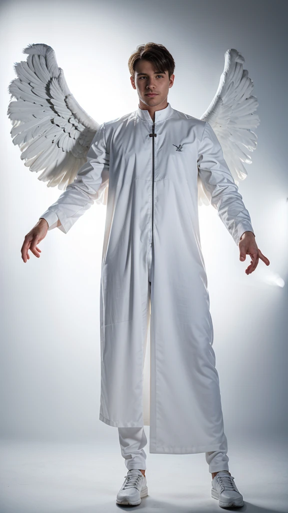 an adult male angel, white clothes, with a hundred extrawings, his size is tall than a mountain,ultra definition, best quality, 32k ultra, ultra HD.