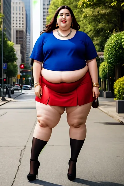 masterpiece, best quality, live action photo, 140kg extremely obese woman, large stomach, H-type miniskirt, high heel, necklace, earring, bracelet