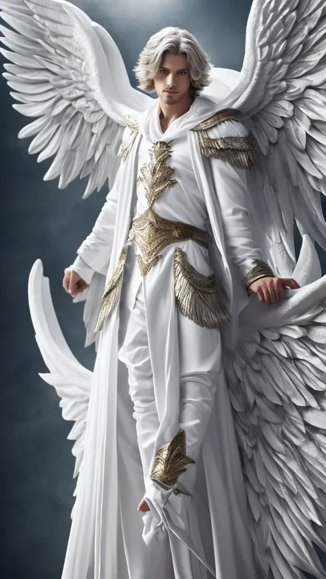 an adult male angel, white clothes, with a hundred extrawings, his size is tall than a mountain,ultra definition, best quality, 32k ultra, ultra HD.