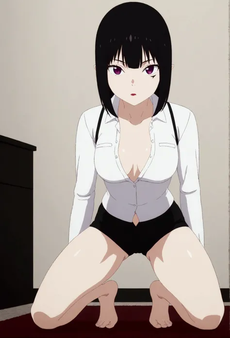 anime cloth capture, citys, 1 girl, standing alone, shorth hair, Bblack hair, purples eyes, gazing at viewer, hair between the eyes, Lewd, cloused mouth, in this, Broad Hips, short top, short shorts, unbuttoned shorts, squatting down, legs spread apart, er...