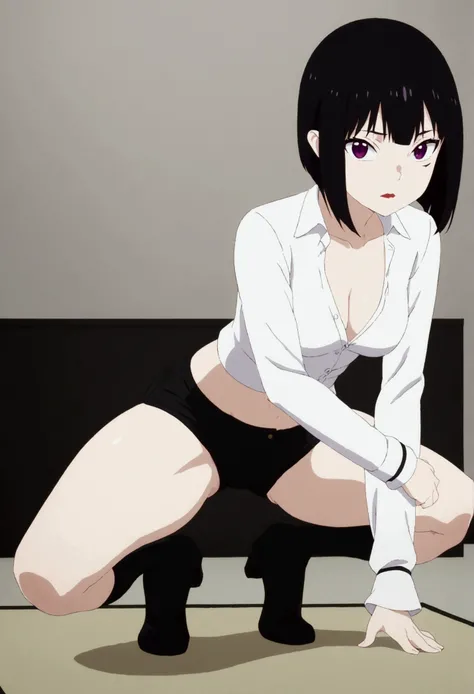 anime cloth capture, citys, 1 girl, standing alone, shorth hair, Bblack hair, purples eyes, gazing at viewer, hair between the eyes, Lewd, cloused mouth, in this, Broad Hips, short top, short shorts, unbuttoned shorts, squatting down, legs spread apart, er...