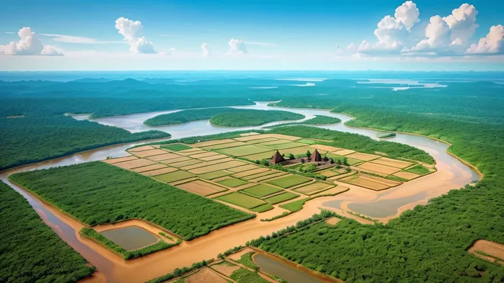 Beautiful scenery of ancient Cambodian village. Aerial view, Photorealistic photos, High definition.