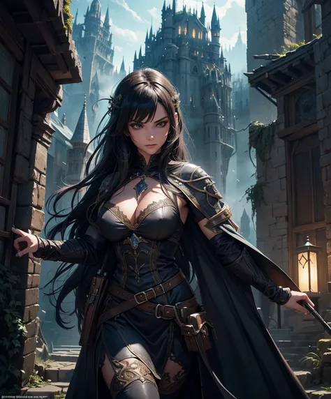 score_9, score_8_up, score_8,  (((Single character image.))) (((1girl))) (((Solo))) (((Dressed in medieval fantasy attire.)))   (((She wears medieval fantasy attire.))) Generate an attractive, sexy female adventurer for a fantasy setting.    Behind her is ...