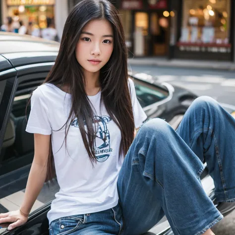 Young asian, long hair, breats medium, jeans, T-shirt black
