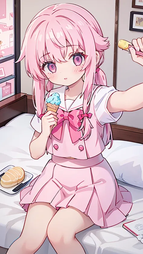 1girl,while holding an icecream, pink hair, pink eyes with love, detailed eyes, straight hair, straight bangs, shiny hair,
,red bowtie,purple skirt,purple shirt,pleated skirt,short sleeves,looking at the viewer, high-definition,masterpiece,best quality, ma...