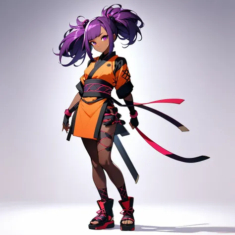 anime girl with purple hair, kunoichi, ninja, character design, dark skinned, posing, a character portrait by Ilya Kuvshinov, pixiv contest winner, shin hanga, Yoruichi, full body shot