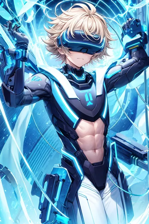 best quality, head-mounted display,
(1 boy), twink, exposed belly, surrounded by azure neon, blone short messy hair, short floating hair, NodesTech mascara, NodesTech headdress, ethereal hair, multicolored azure hair, wearing crop top cyborg armor
BREAK sc...