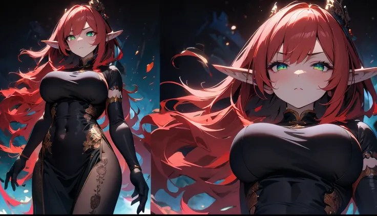 masterpiece, Best quality, 1 girl,photo, w(red-crimson hair) elf ears, freckles, adult woman, sculpted body, Super detailed hand, super detailed face, Hyper detailed body, (emerald green eyes), Big breasts, concentrated eyes, Quite detailed eyes, pale skin...