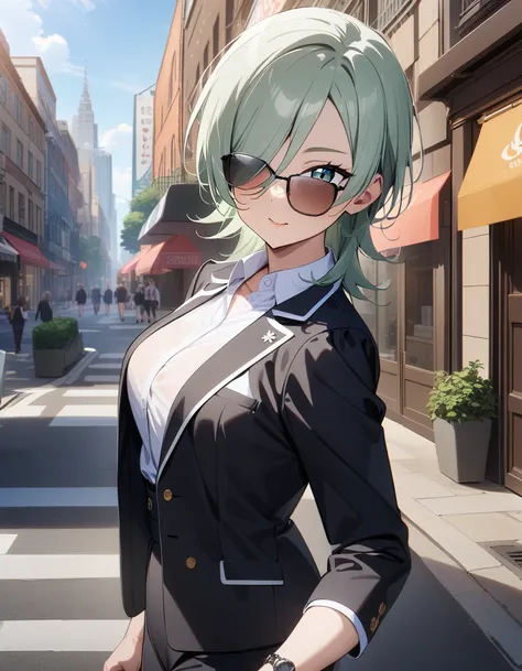 1girl, mia taylor, love live!,secretary,sun glasses, suit,cool,city street,masterpiece,very aesthetic,newest,sensitive