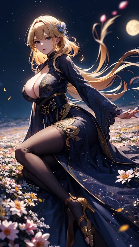 masterpiece, high quality, 4K, Beautiful design, silhouette，blonde， 非常に詳細な夜のStarry Sky,Flower Field， wonderful, Finer details,  Very knowledgeable woman, Highly detailed solo, 1 female,Big Breasts，Butt Emphasis，High-neck dress，Night view，Starry Sky，full mo...