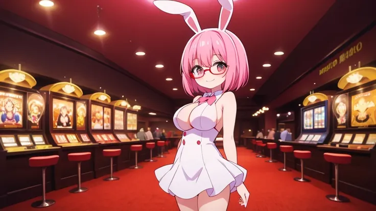 solo,whole body,Standing position right,Light pink hair,Bob Hair,Red Glasses,Bunny girl,casino,smile,Big Breasts,cute,