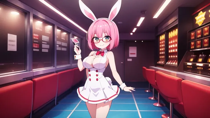 solo,whole body,Standing position right,Light pink hair,Bob Hair,Red Glasses,Bunny girl,casino,smile,Big Breasts,cute,