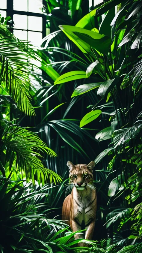 A photorealistic puma in the lush jungle, (best quality,4k,8k,highres,masterpiece:1.2),ultra-detailed,(realistic,photorealistic,photo-realistic:1.37),HDR,UHD,studio lighting,extreme detail description,professional,vivid colors,bokeh,wildlife,feline,predato...