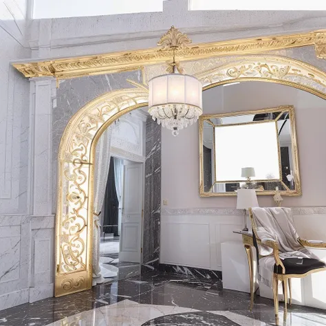 There is an 82cm x 25cm x 82cm MIRROR OF ENCHANTMENT CLASSIC on the wall which is the visual focus ，DIOR advertising style，furniture advertising graphic photography, Italian castle living room, stucco wall,Black and white marble floor、 Italian masterpiece,...