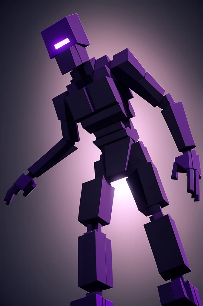 Tall creature with black body, blocky body, blocky style, blocky limbs, purple eyes, no mouth, purple particles surrounding creature