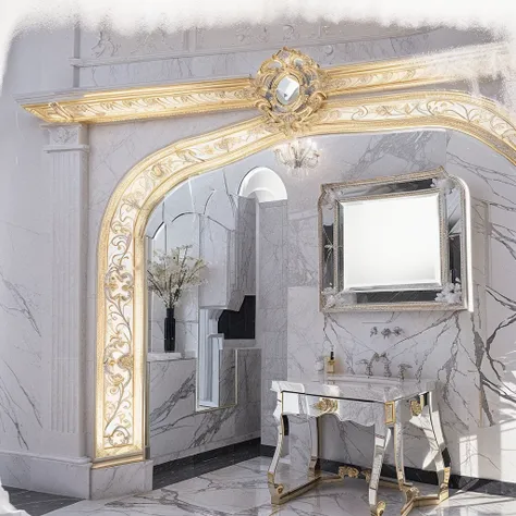 There is an 82cm x 25cm x 82cm MIRROR OF ENCHANTMENT CLASSIC on the wall which is the visual focus ，DIOR advertising style，furniture advertising graphic photography, italian castle, stucco wall,Black and white marble floor、 Italian masterpiece, Great maste...