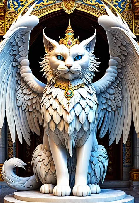 
         ( perfect anatomy )   A huge divine cat with huge wings(Personification)The mythical cat with big wings close-up mythical story background is architectural wonder palace castle architecture murals mystical symbols wonders ornately decorated templ...