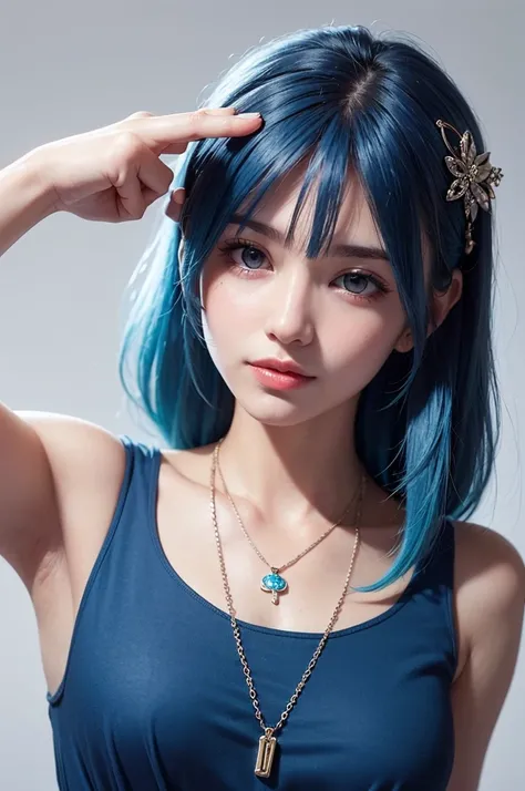 best quality, skill, fine hair, height, (((itching))) ,necklace, hair accessories, (Beautiful face), blue dress, look at viewer, blue hair, stand, （Above the waist），jellyfish