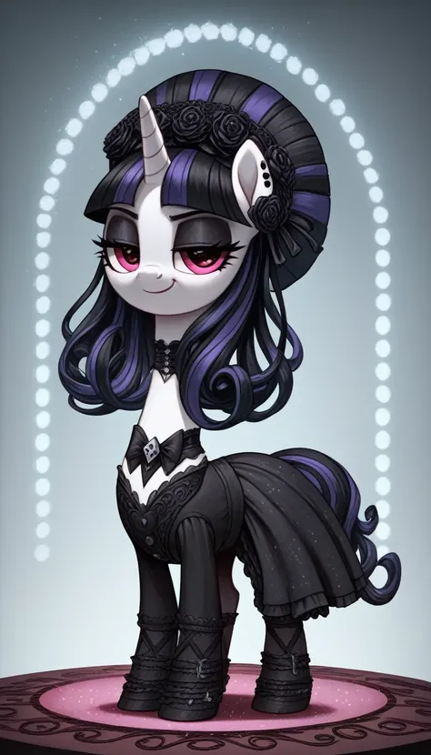 score_9,score_8_up,score_7_up,score_6_up, filly, unicorn, gothic pony, lolita goth fashion, glowing backlight, fashion show, cat...