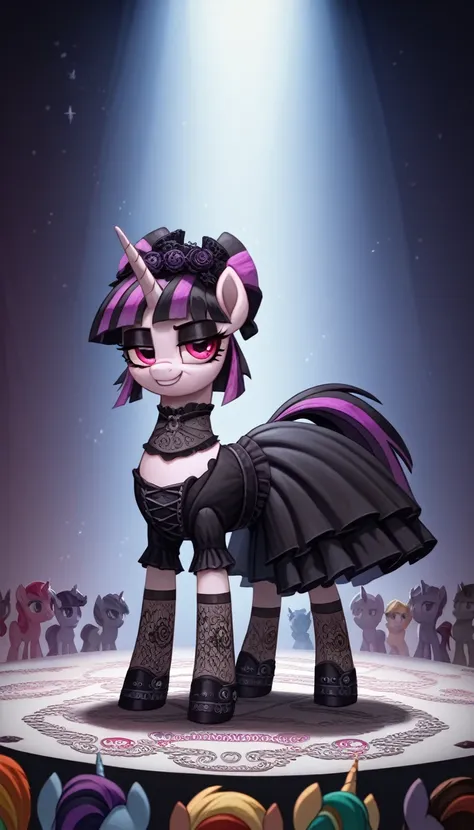 score_9,score_8_up,score_7_up,score_6_up, filly, unicorn, gothic pony, lolita goth fashion, glowing backlight, fashion show, cat...