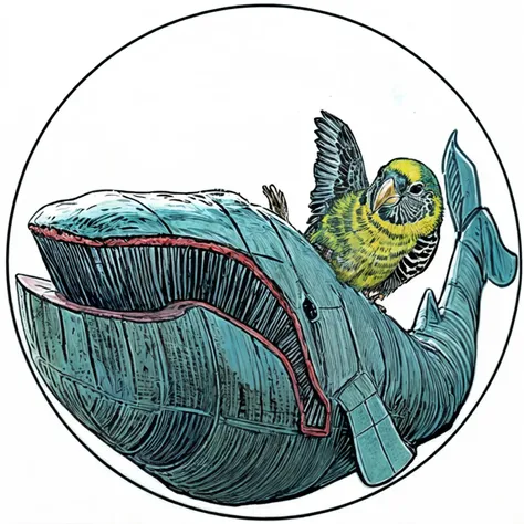 there is a bird that is sitting on a whale's back, cyborg whale, full color illustration, space whale, flying whale, by david g....